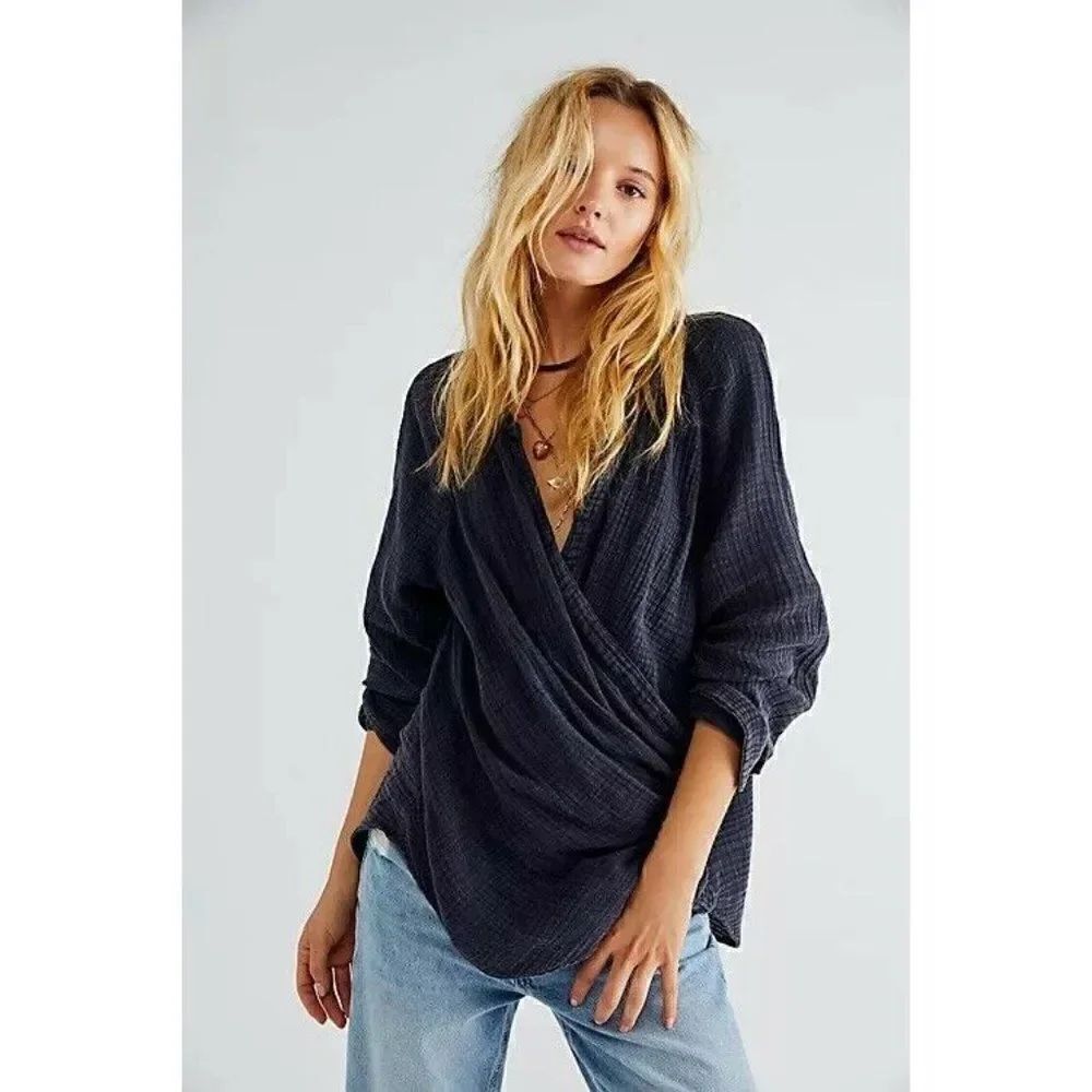NEW WE THE FREE PEOPLE NIGHTDREAMS TOP GAUZE WRAP TOP IN WASHED BLACK